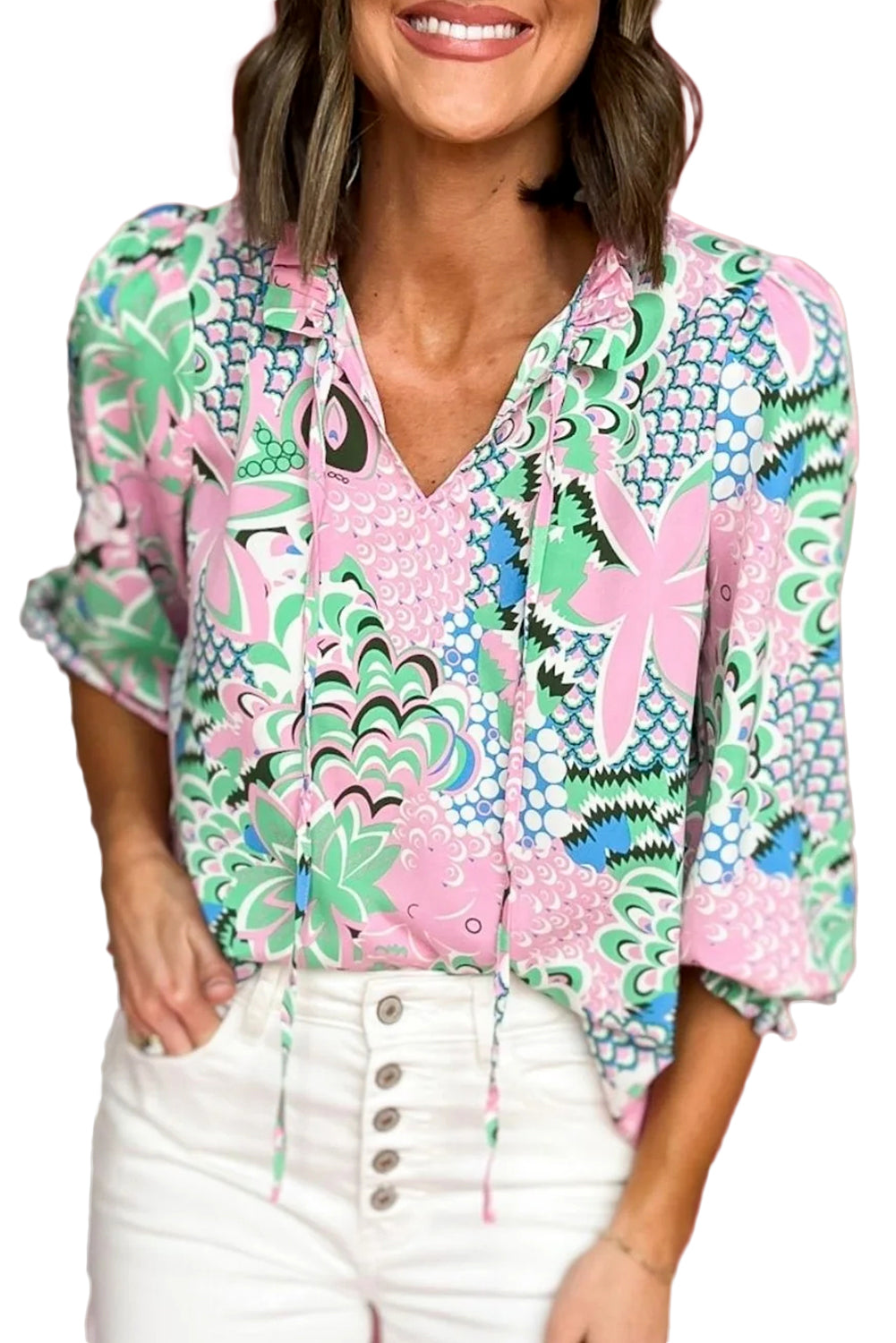 Green Tropical Floral Frill V-Neck Puff Sleeve BlouseMaterial:100%Polyester

• Embrace the beauty of nature with this blouse, perfect for adding a touch of freshness to your wardrobe.
• The V-neck design of this blou