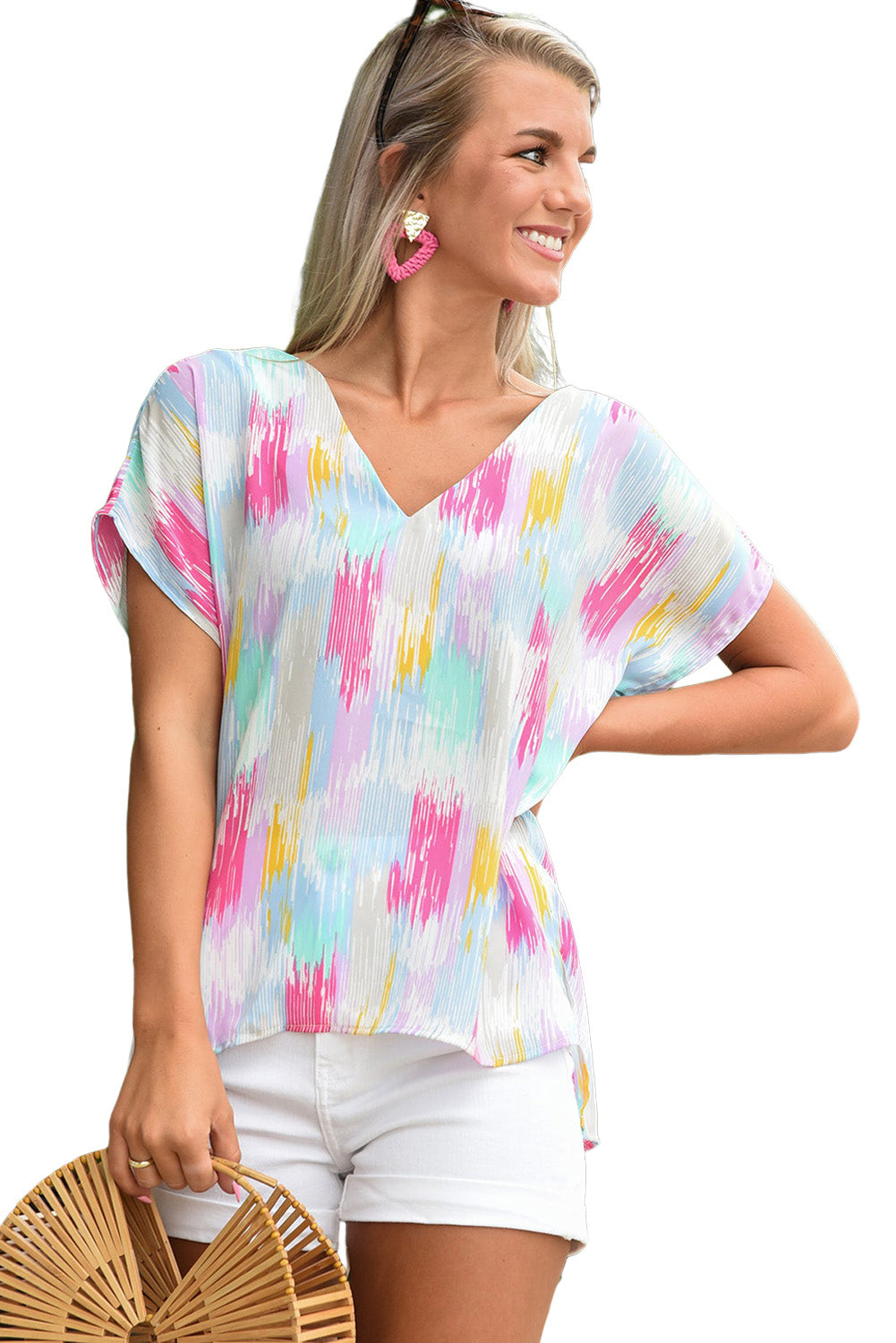 Multicolor Abstract Print V Neck Short Sleeve Dolman BlouseMaterial:100%Polyester



		The
chic blouse has a relaxed fit and dolman sleeves, which create a comfortable
and flattering silhouette
	
	
		The
V-neckline a