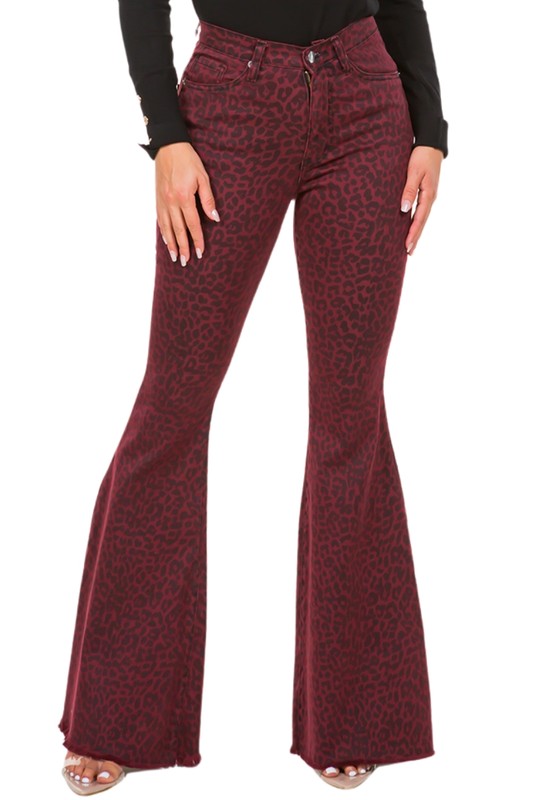 Leopard Bell Bottom Jean in BurgundyFull Length 5 pocket bell bottom jean features frayed hem, Front and back pockets, Burgundy Denim leopard Print,33.5" inseam, 10.5" Rise, Stretch Denim, Made in USAM