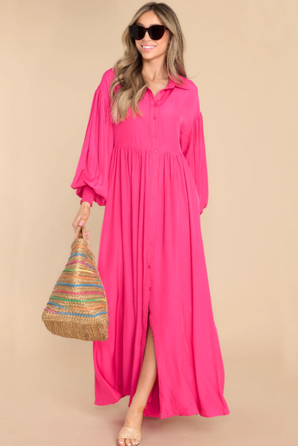 Rose Solid Color Bishop Sleeve Button Up Collared Shirt Dress