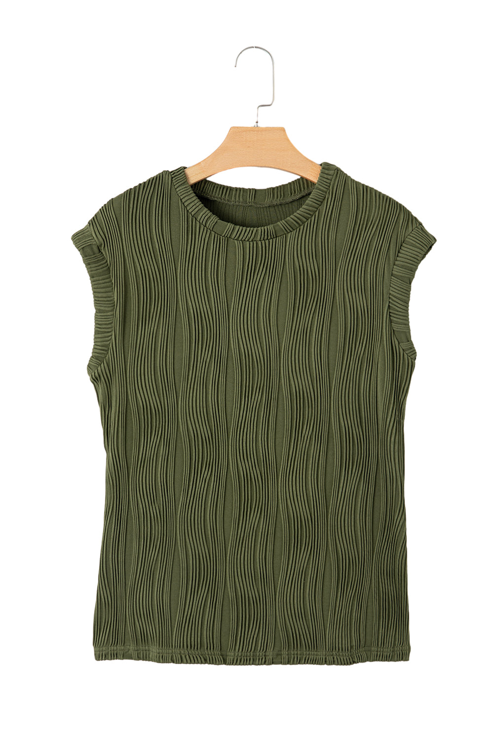 Jungle Green Wavy Textured Cap Sleeve TopMaterial:90%Polyester+10%Elastane


	


		The top features a unique wavy texture, adding a touch of visual interest to your outfit.
	
	
		Made from a soft and