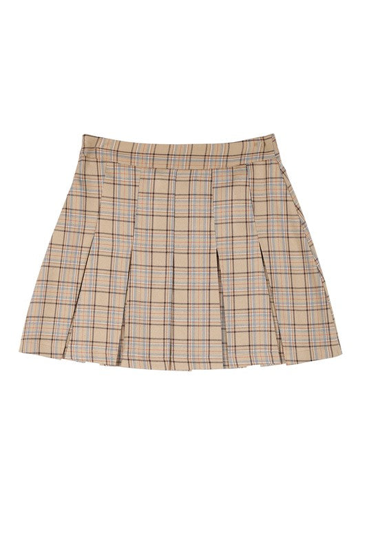 Plaid pleated mini skirt- Plaid pleated mini skirt, 6 pin-tucks for each front and back, side zipper for opening- Pattern type : plaid- Stretch : stretch- Sheer : not lined, but not sheer- 