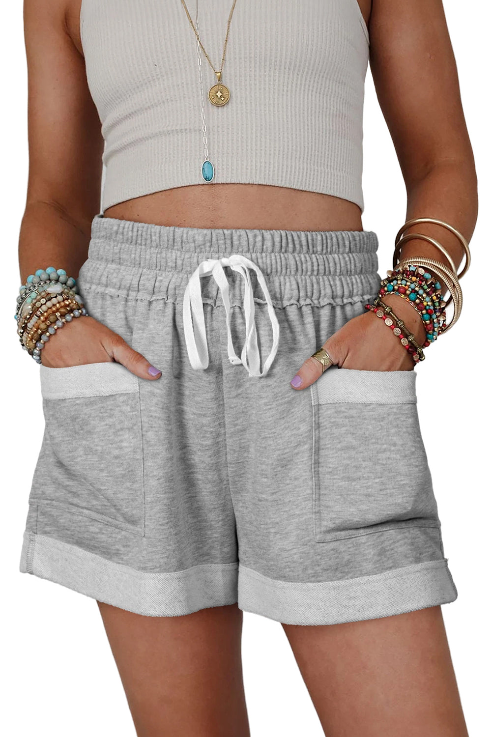 Gray Pocket Patchwork Drawstring Waist ShortsMaterial:80%Polyester+20%Cotton

• The shorts are perfect for a laid-back summer day at the beach or a casual outing with friends. 
• The patchwork design adds a t