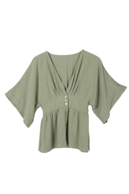 SS deep V neck button down top*Deep V neckline button down blouse with draped sleeves*Pattern type : solid* Color : sage*Neck line : V neck*Sleeve type : kimono sleeves*Sleeve length : short slee