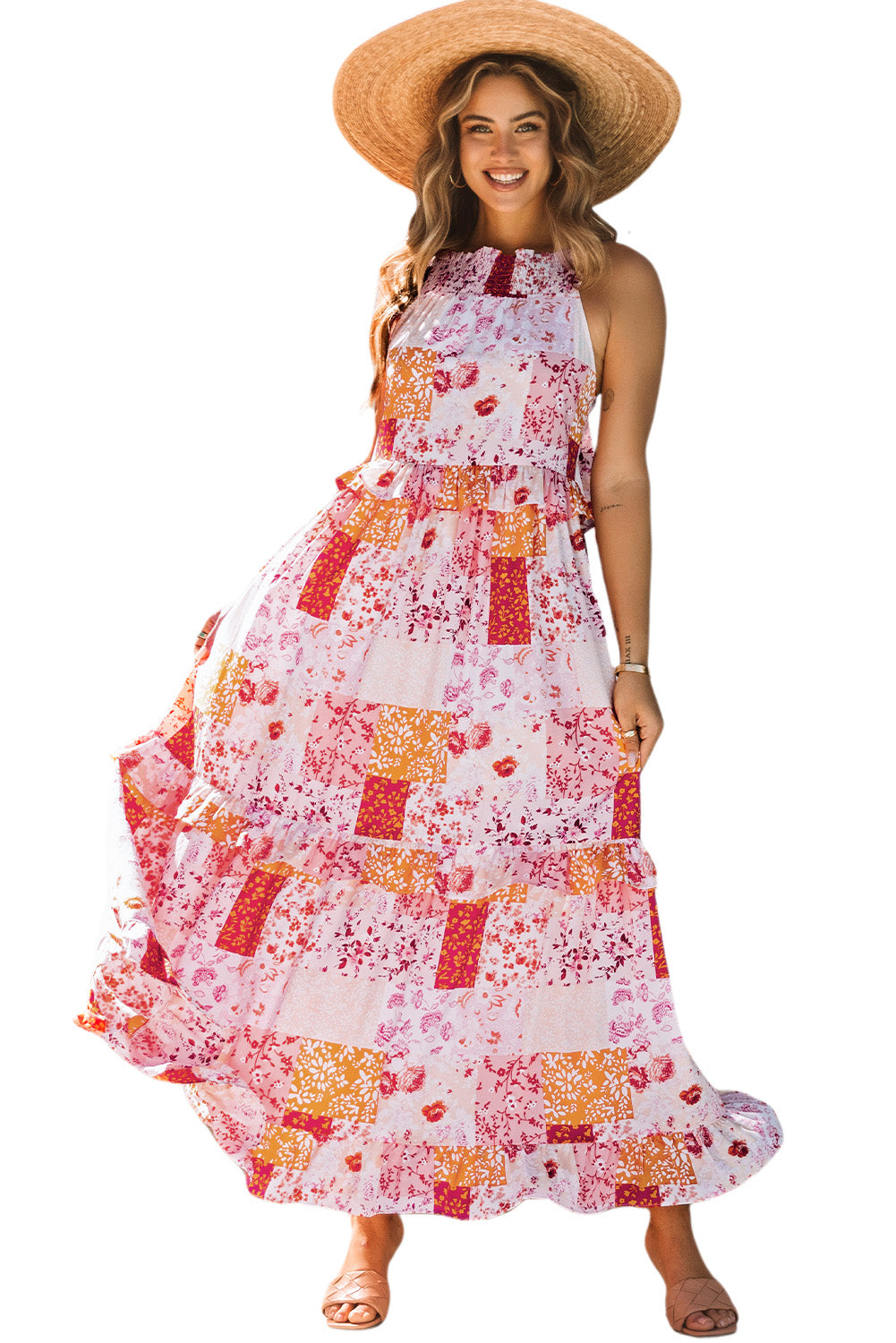 Multicolor Floral Print Sleeveless Tiered Ruffle Trim SundressMaterial:100%Polyester

• Embrace bohemian charm with this multicolor floral print sundress, featuring a tiered ruffle trim that adds a playful touch to your look.
