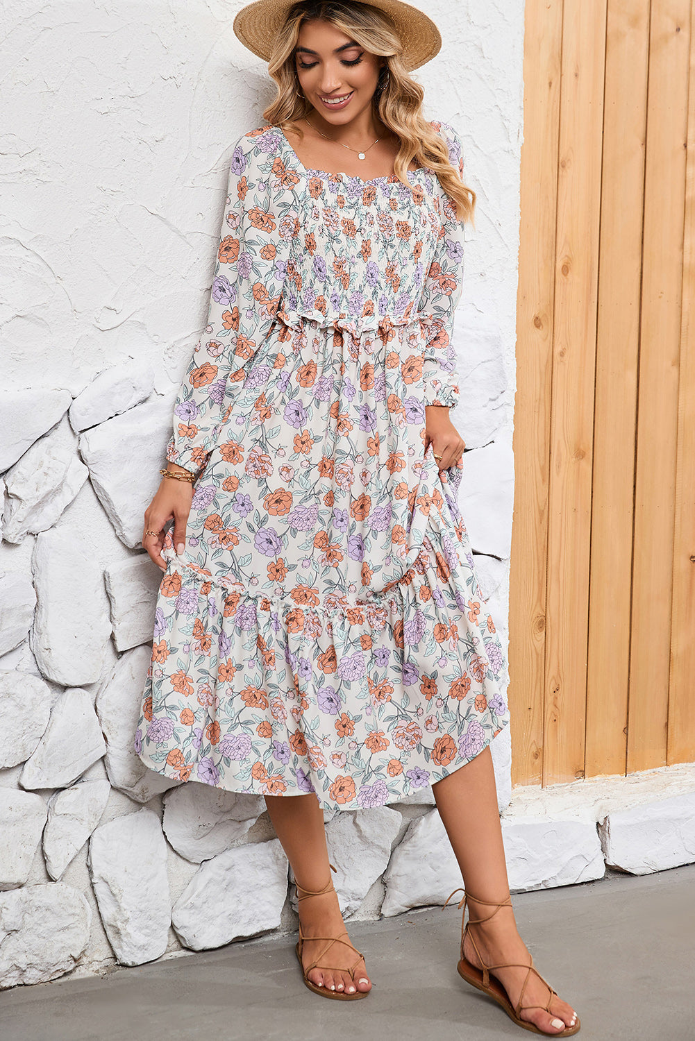 Multicolor Floral Print Smocked Pocketed Flared Midi DressMaterial:100%Polyester



		Get ready to turn heads in this gorgeous floral dress
	
	
		Featuring a square neckline and flowy tiered midi-length skirt silhouett