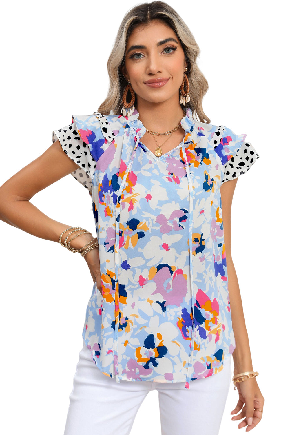 Light Blue Floral Print Ruffle Flutter Sleeve V Neck BlouseMaterial:100%Polyester



		Blouse with vibrant and bold floral print a pretty outlook
	
	
		Feminine ruffled flutter sleeves add a touch of elegance
	
	
		V