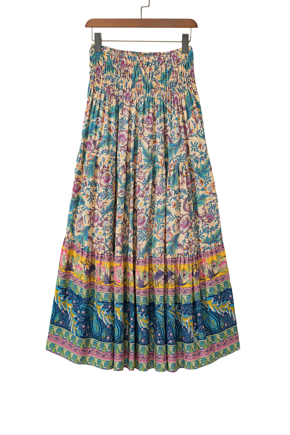 Sky Blue Boho Floral & Paisley Print Shirred Waist Long SkirtMaterial:100%Viscose

• Embrace a bohemian flair with this skirt, featuring a shirred waist that accentuates the natural curves for a flattering fit.
• The intrica