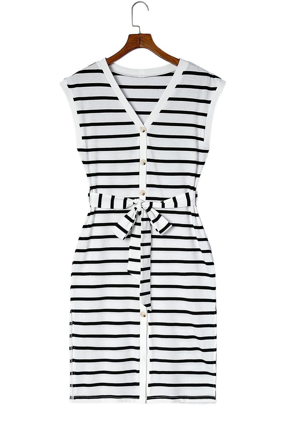 Striped Button Belted Casual V-Neck Midi DressMaterial:95%POLYESTER+5%ELASTANE



		•The waist belt accentuates the figure and creates a flattering silhouette.
	
	
		•The v-neckline adds a touch of feminini