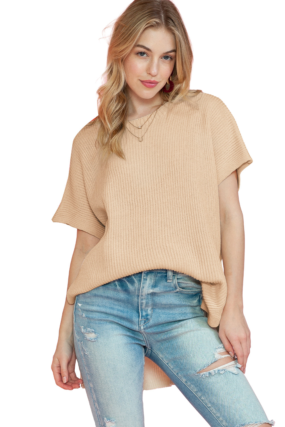 Apricot Side Slit Short Sleeve Oversized SweaterMaterial:55%Acrylic+45%Cotton



		The sweater is a comfortable and chic addition to your wardrobe. Made from breathable, lightweight, and stretchy knitted fabric,