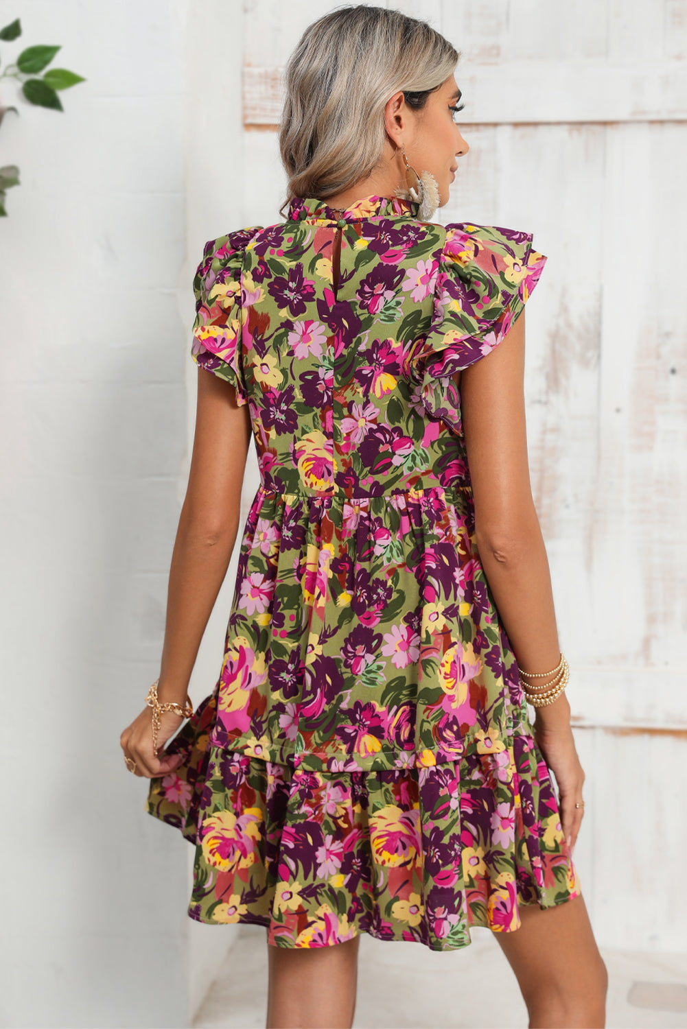 Green Floral Print Flutter Shoulder Ruffled Mini Dress