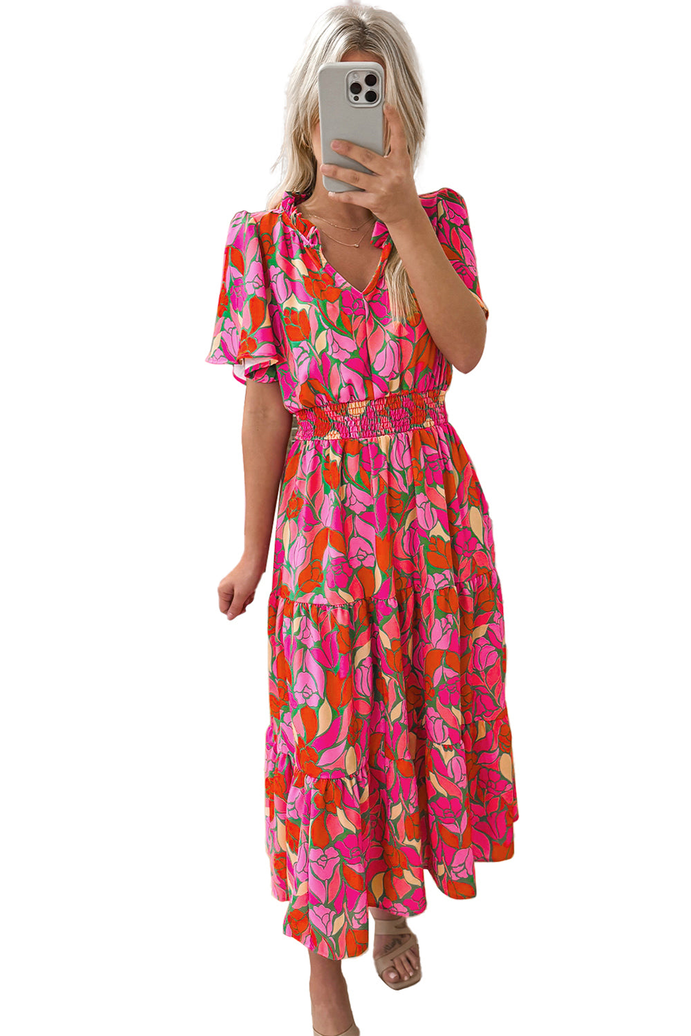 Rose Floral Flounce Sleeve Smocked Waist Tiered Maxi DressMaterial:100%Polyester

• Exude bohemian elegance in this maxi dress, featuring a smocked waist for a flattering silhouette.
• The tiered design adds a whimsical t