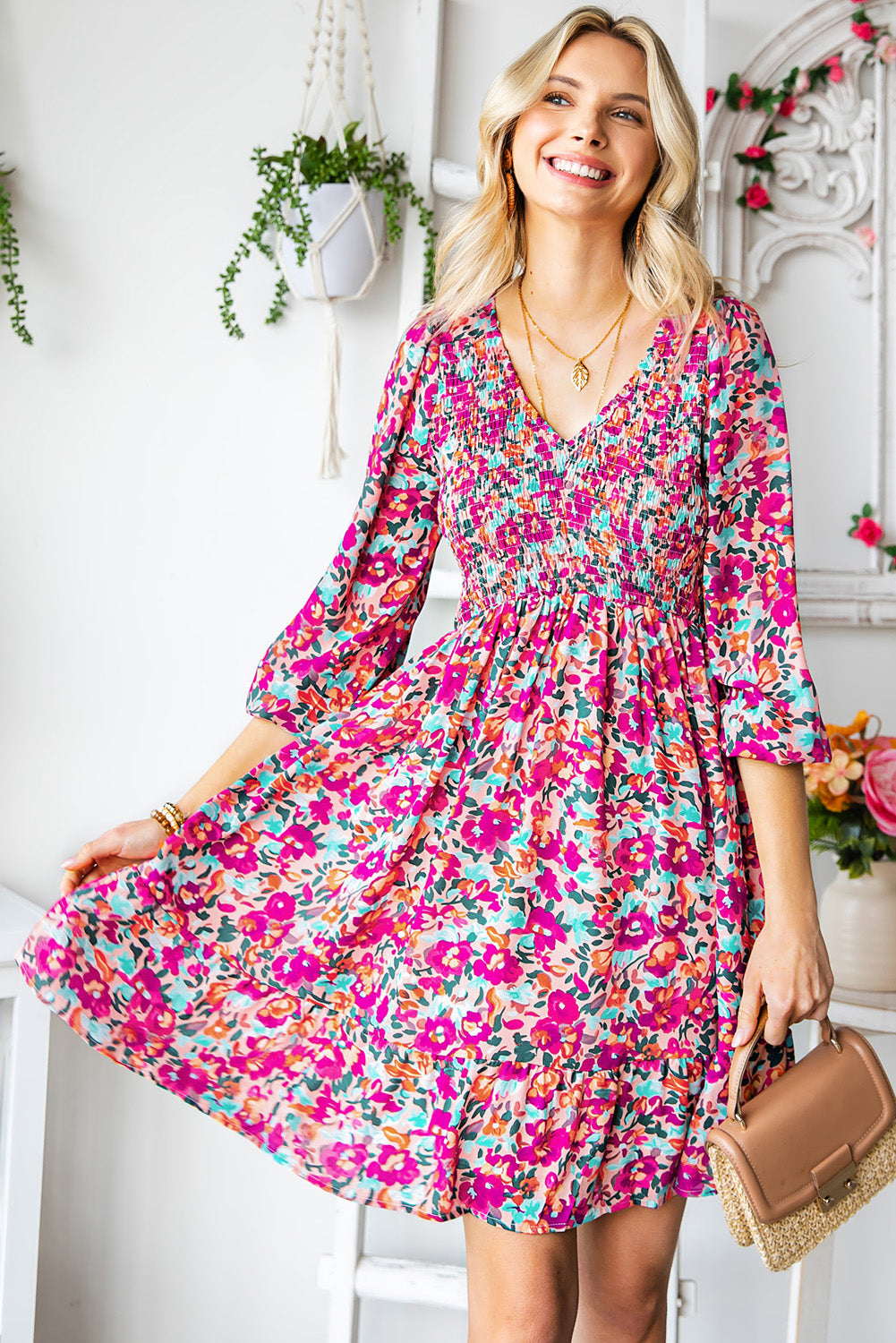 Purple Floral Print Long Sleeve Flounce Hem V Neck Smocked Dress