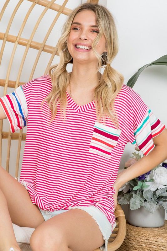 MULTI STRIPE BOXY TOP- Multi stripe boxy top- Pullover short sleeves- V neck chest pocket- Multi stripe jersey - Model is 5' 8" 34-24-34 and wearing a Small- S/M/L 2-2-2- 95% RAYON, 5% S