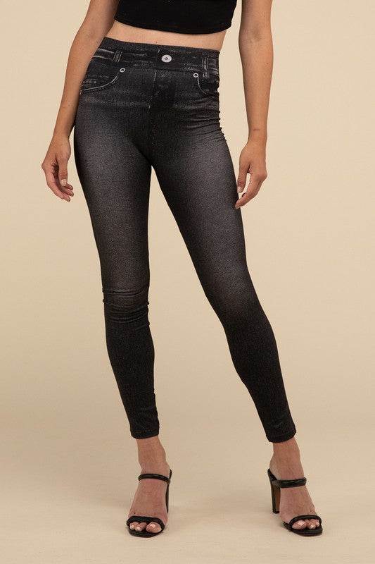 Denim LeggingsThese denim leggings are a versatile addition to your wardrobe. They feature a high-rise waist and a sleek, stretchy fit that hugs your curves, offering both style a