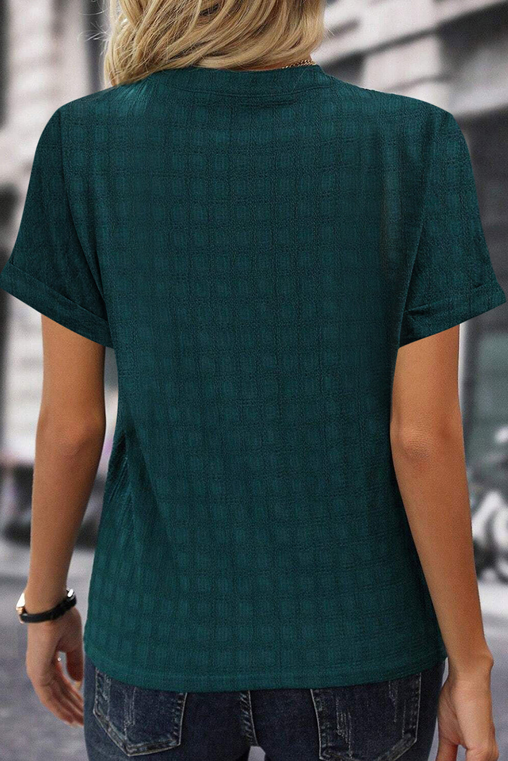 Sea Green Textured Split V-Neck Short Sleeve BlouseWith its flattering split V-neckline, this blouse adds a touch of elegance and sophistication to any outfit.
	
	
		The short sleeves provide a comfortable and bre