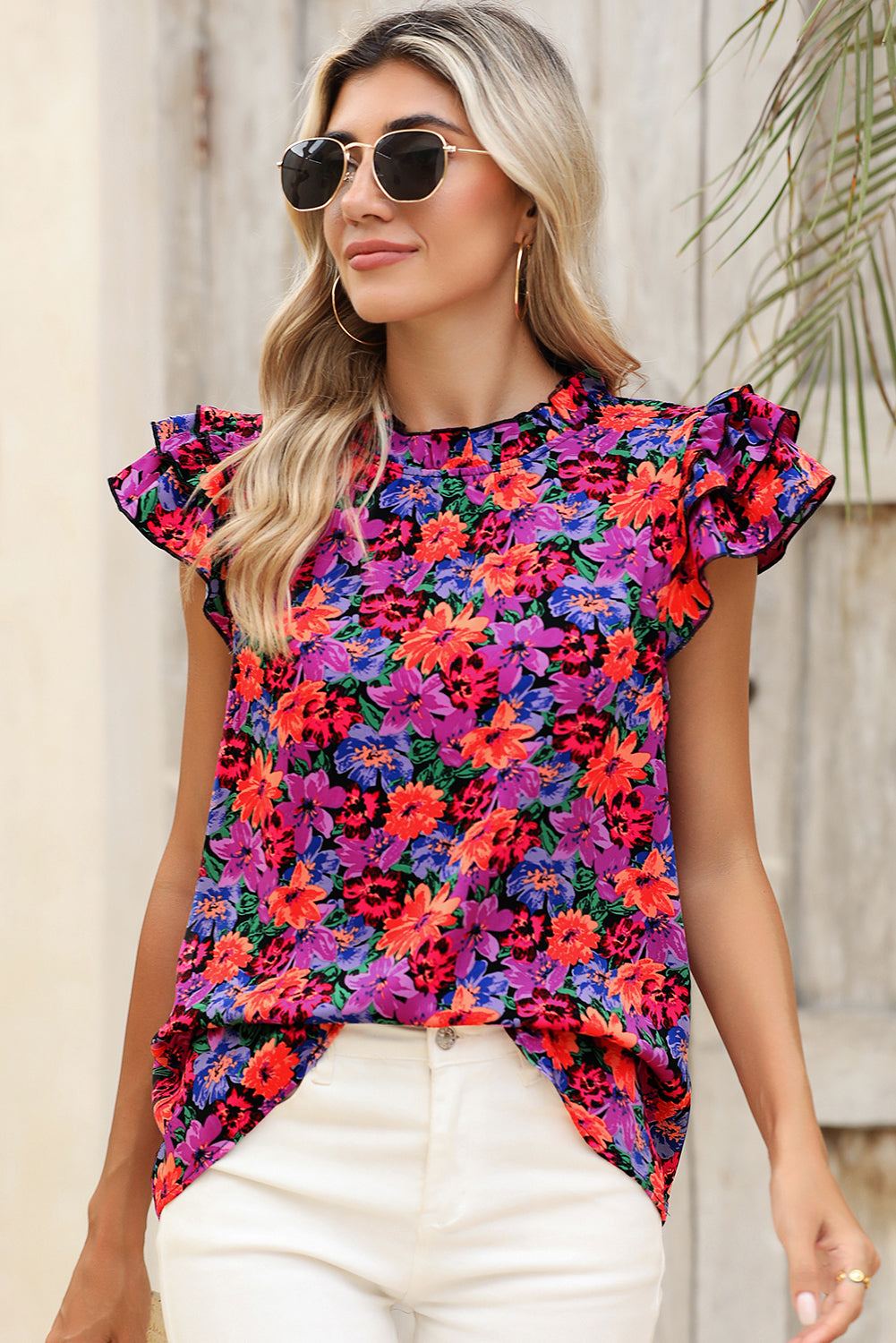 Multicolor Boho Floral Print Ruffle Sleeve BlouseMaterial:100%Polyester



		The blouse features a vibrant and playful boho floral print, adding a touch of color and bohemian charm to your wardrobe.
	
	
		With