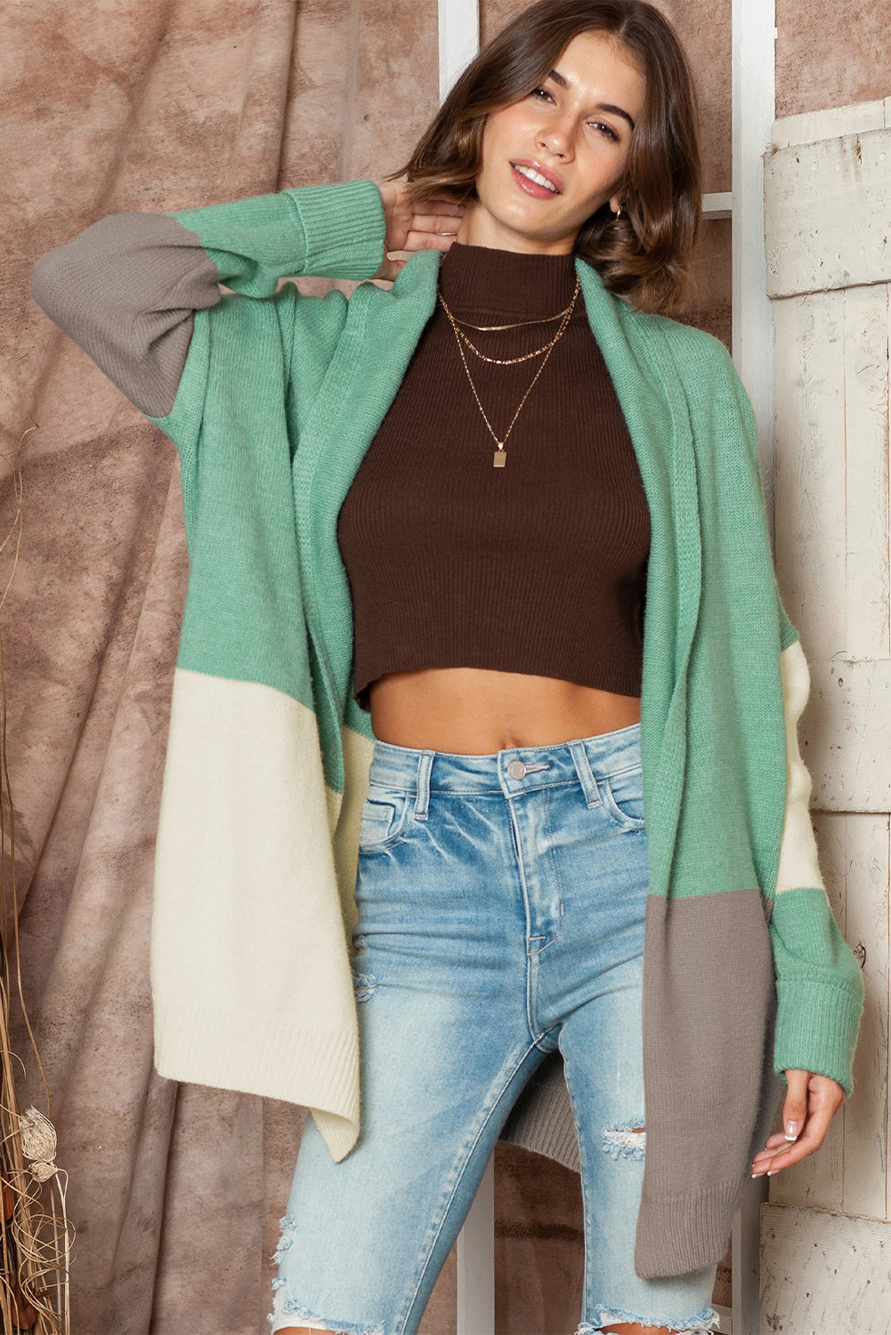 Green Colorblock Draped Open Front Cardigan