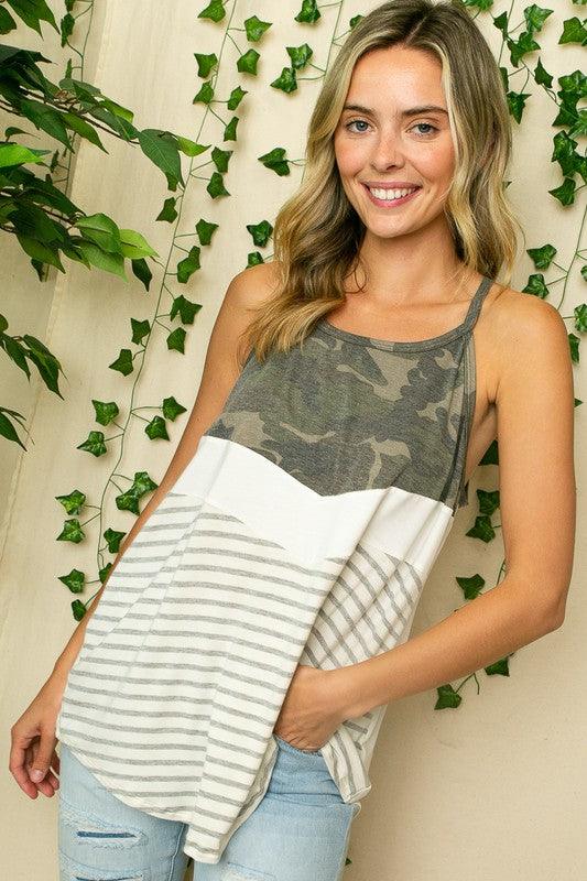 STRIPE CAMO MIX HALTER TOPSTRIPE SOLID CAMOUFLAGE PRINT JERSEY MIXED ROUND NECK HALTER TOP- MADE IN U.S.A.
Style: Casual
Print / Pattern: STRIPE SOLID CAMOUFLAGE
Fit: Loose
Neck Line: ROUND N