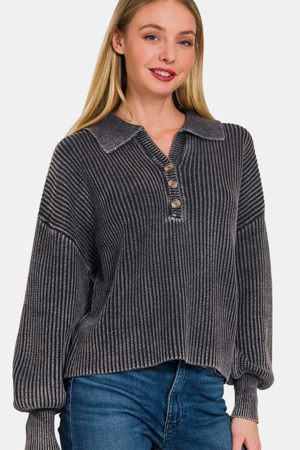 Zenana Washed Half Button Long Sleeve SweaterAdd a touch of casual sophistication to your wardrobe with this Washed Half Button Long Sleeve Sweater. The half button design gives it a unique and stylish look tha