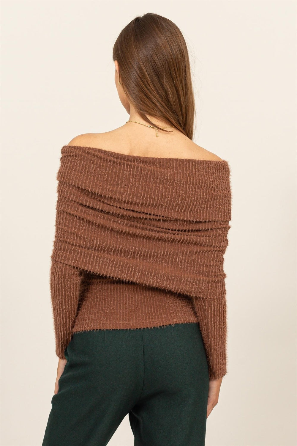 HYFVE Fuzzy Off Shoulder Textured Knit TopEnhance your style with this sophisticated Fuzzy Off-Shoulder Textured Knit Top. Boasting a unique combination of ribbed and fuzzy textures, this knit top is not onl