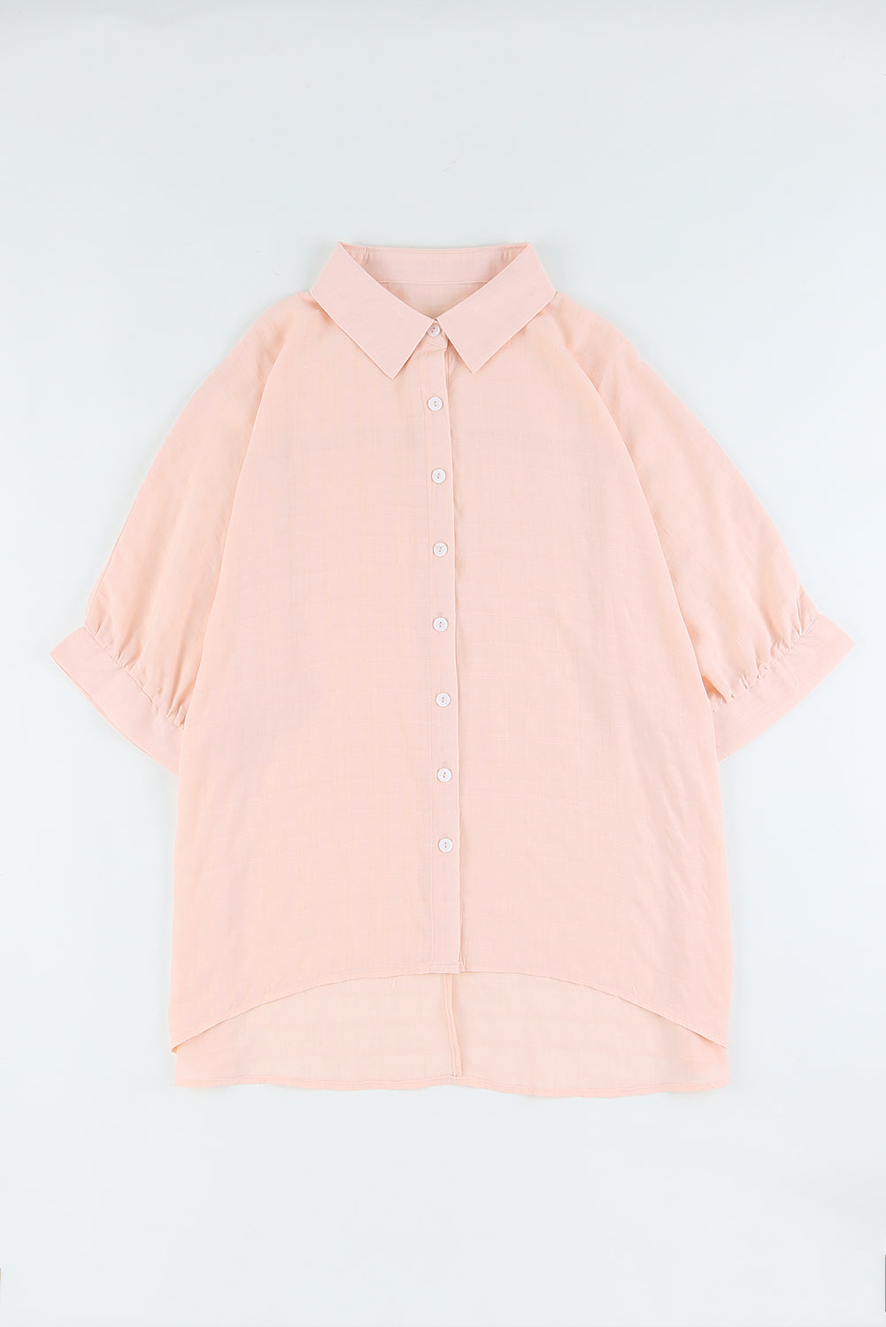 Pink Half Sleeve Collared Button Up BlouseMaterial:100%Polyester



		It features a flattering high-low hemline for a stylish touch.
	
	
		The collared design adds a touch of sophistication.
	
	
		Th