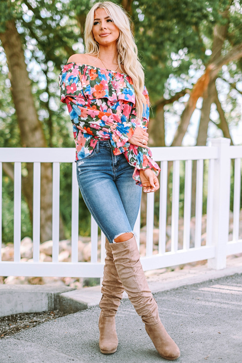 Multicolor Bohemian Floral Print Shirred Ruffle Off Shoulder BlouseMaterial:100%Polyester


	

			This floral print blouse is perfect to change a stylish summer look
		
		
			Featured with off-shoulder, puffy sleeve, and flora