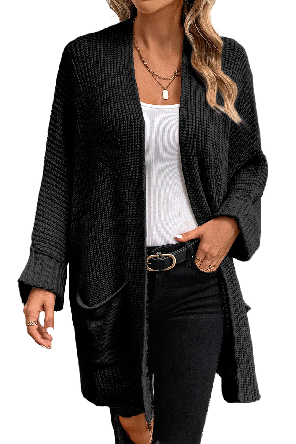 Khaki Batwing Sleeve Pocket Oversized Cable Knit Cardigan