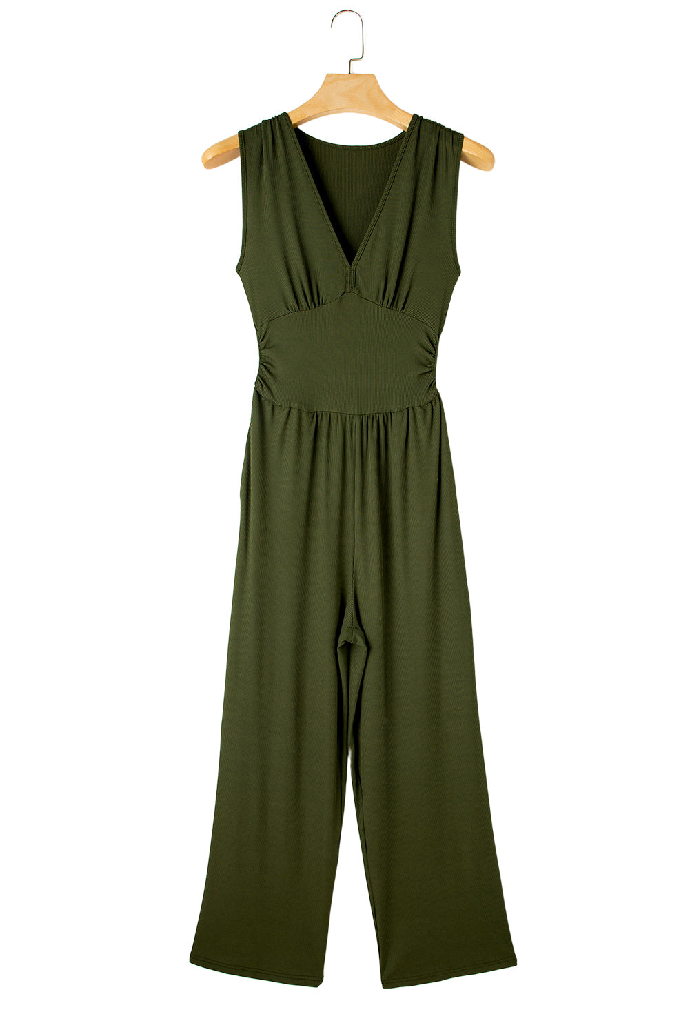 Moss Green Sleeveless V Neck Ruched Wide Leg JumpsuitMaterial:95%Polyester+5%Elastane

• Elegant moss green jumpsuit featuring a flattering V-neck design that accentuates the neckline.
• Sleeveless style offers a chi