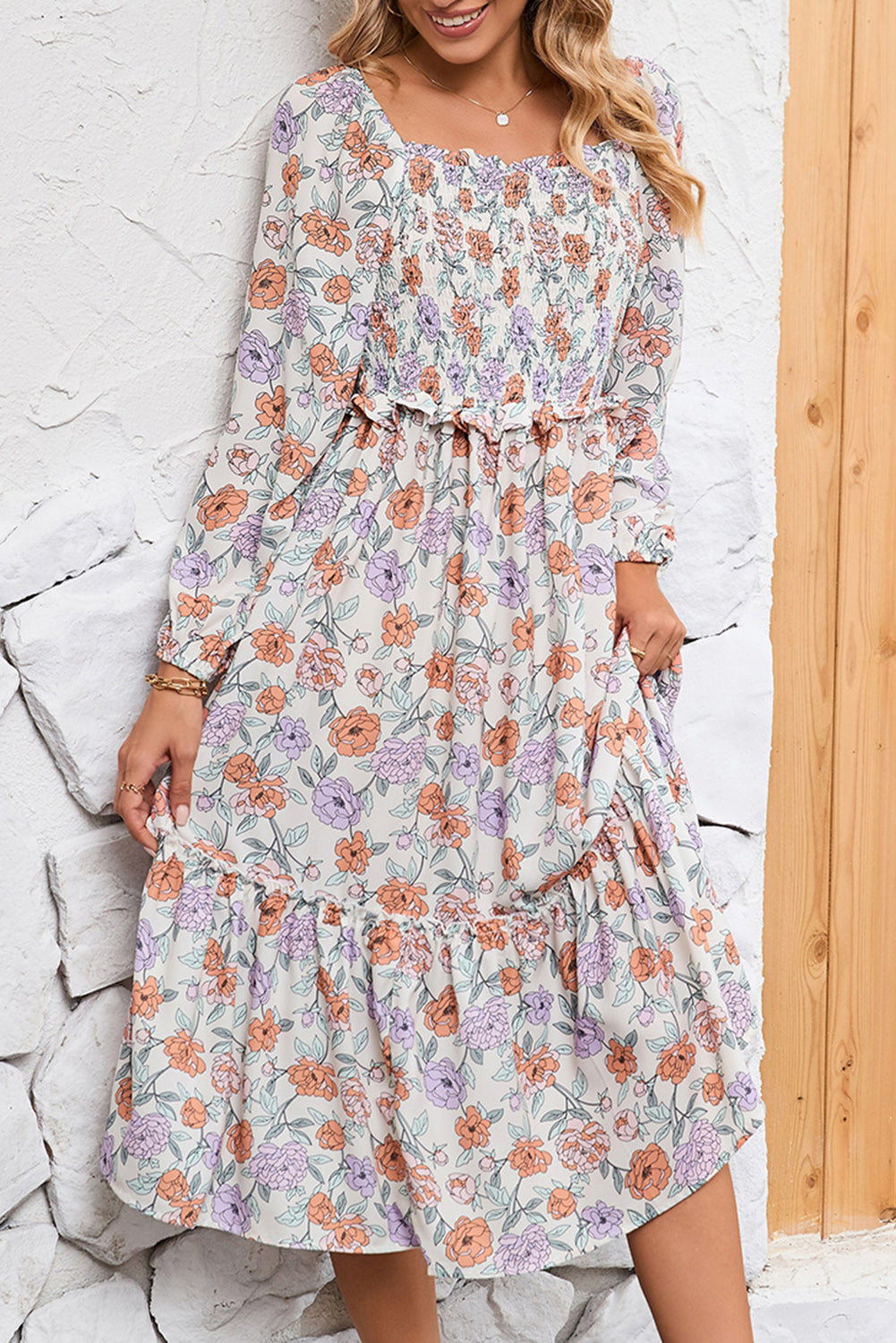 Multicolor Floral Print Smocked Pocketed Flared Midi DressMaterial:100%Polyester



		Get ready to turn heads in this gorgeous floral dress
	
	
		Featuring a square neckline and flowy tiered midi-length skirt silhouett