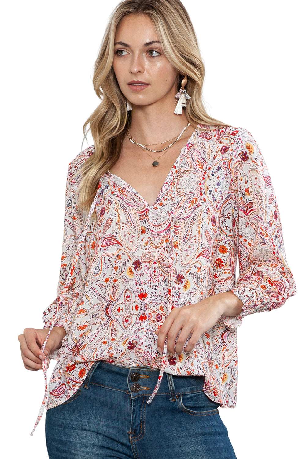 Red Boho Paisley Print Shirred Cuffs BlouseMaterial:100%Polyester



		The print is both elegant and playful, perfect for those who want to embrace their free-spirited side.
	
	
		The shirred cuffs on th