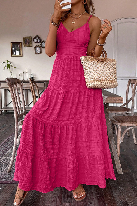 Rose Red Bow Tie Sleeveless V Neck Maxi DressUnleash your inner elegance in the dress, perfect for romantic dates or beach getaways.
	
	
		The sleeveless design and V-neckline offer a flattering silhouette, 