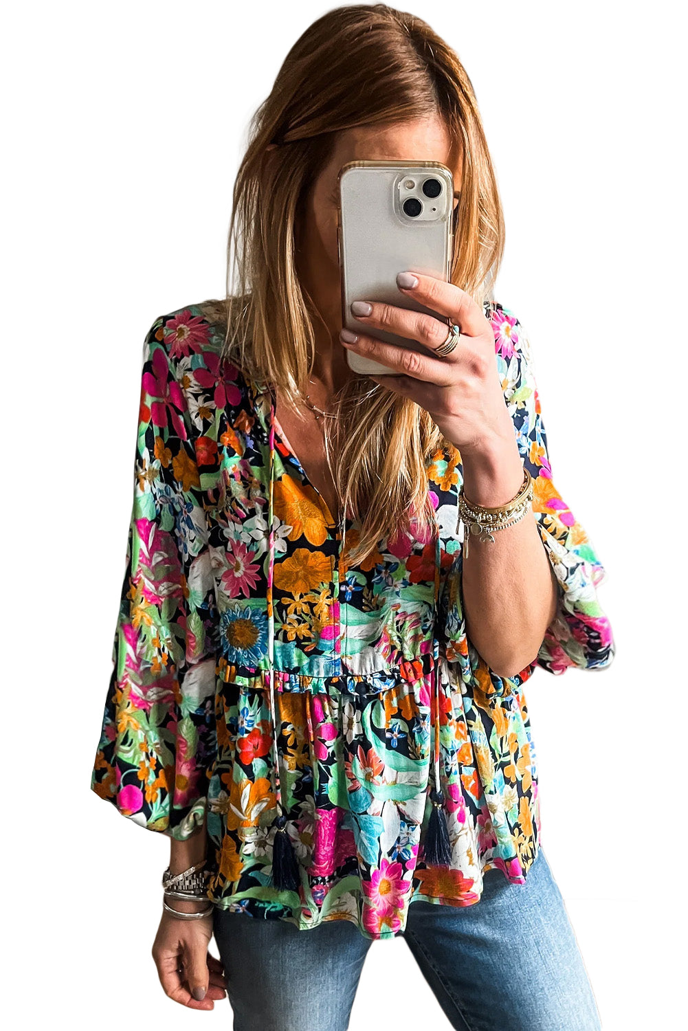 Multicolour Boho Floral V Neck Lantern Sleeve BlouseMaterial:100%Polyester

• Embrace boho-chic vibes with our blouse, featuring vibrant hues and a tie front design for a stylish look.
• The lantern sleeves add a to