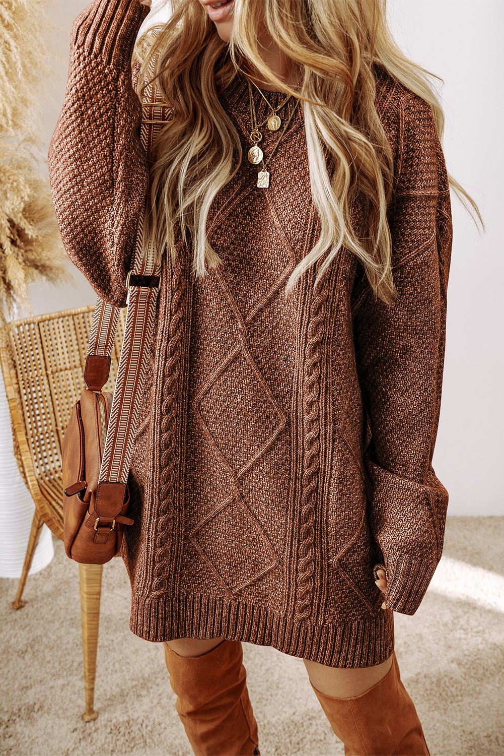 Parchment Twist Cable Knit Drop Shoulder Loose Fit Sweater Dress