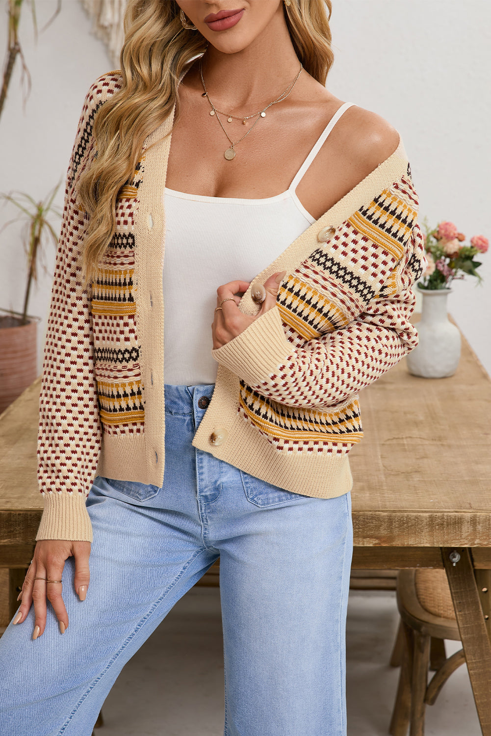 Khaki Geometric Pattern Button Front V Neck Cropped Cardigan