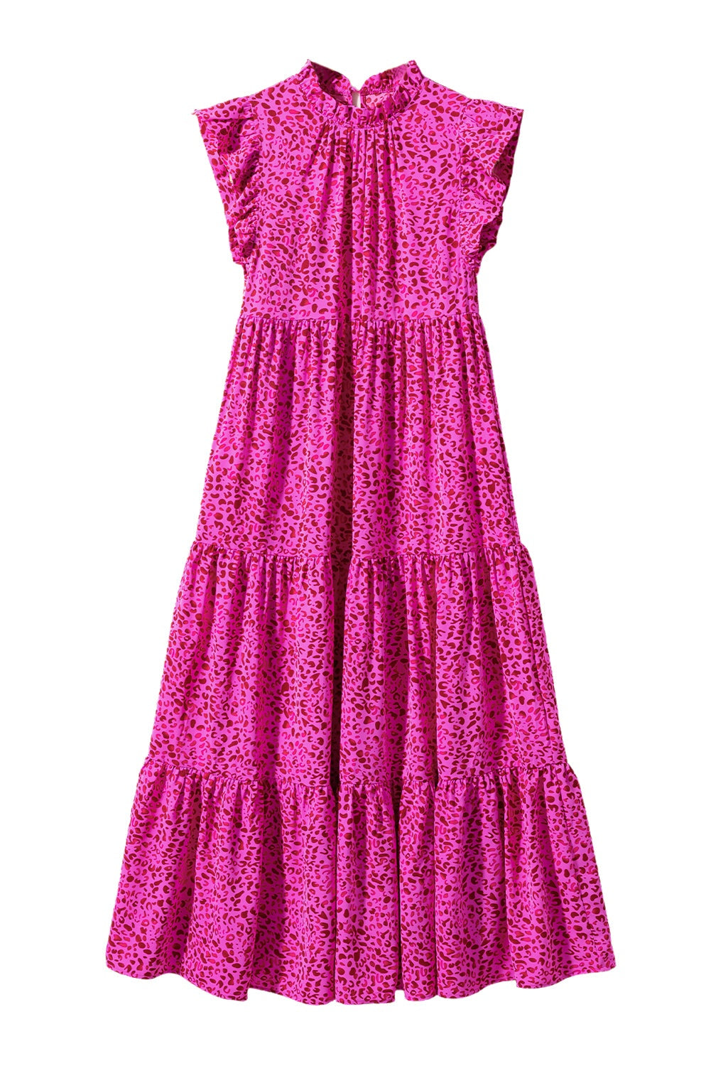 Rose Red Leopard Print Ruffle Sleeveless Maxi DressMaterial:100%Polyester



		The dress is designed with ruffle sleeves, which add a feminine and playful element to the garment.
	
	
		The dress is sleeveless, a