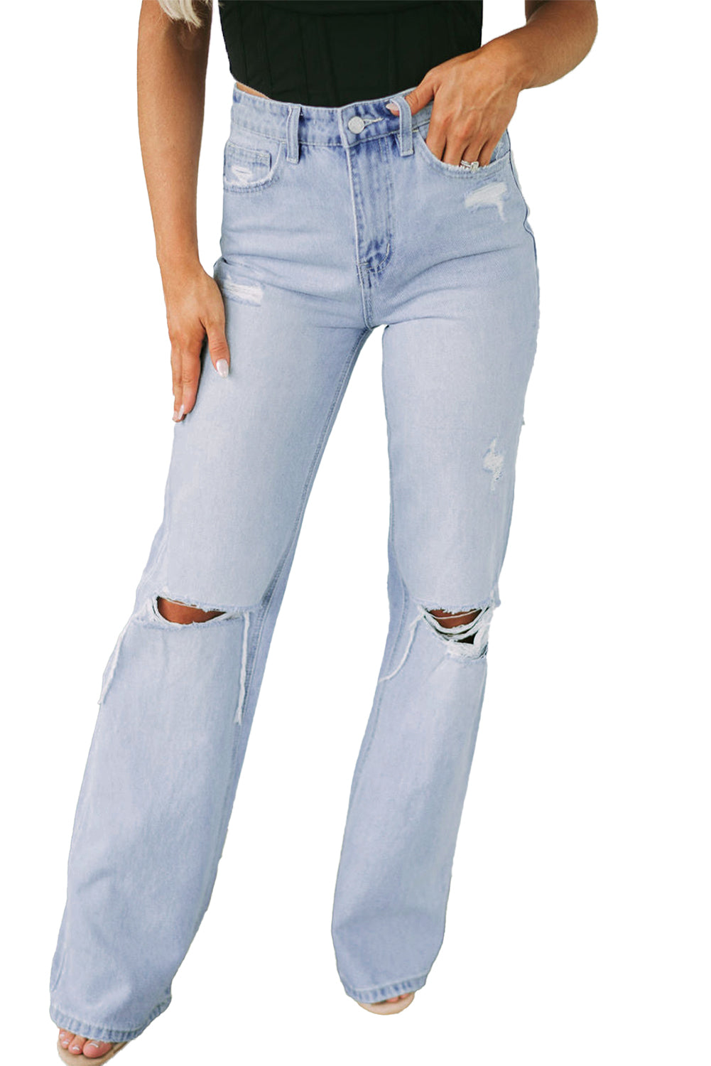 Beau Blue Vintage Light Wash Distressed Flare JeansMaterial:93%Cotton+5%polyester+2%Elastane

• Elevate your denim game with this jeans, a fusion of retro style and modern chic.
• These jeans boast a flattering hig