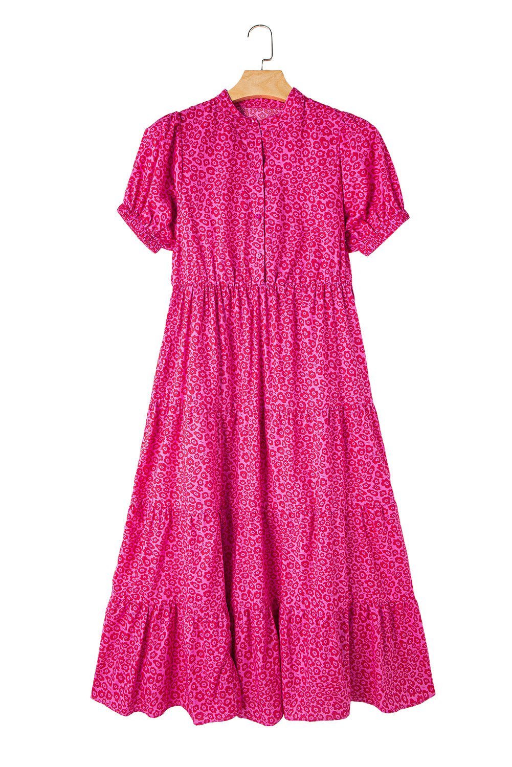 Rose Red Mock Neck Puff Sleeve Floral Tiered Maxi DressMaterial:100%Cotton

• Embrace romantic vibes with the maxi dress, featuring intricate flower prints that exude elegance and charm.
• Stand out with the unique puf