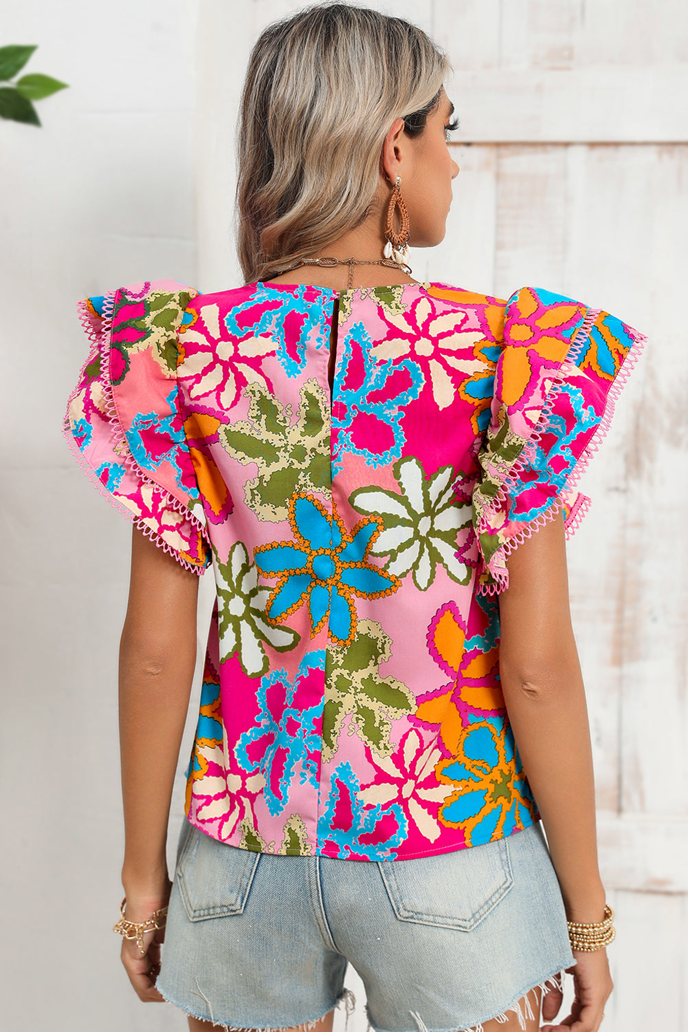 Multicolor Floral Print Boho Top Tiered Ruffle Sleeve Blouse