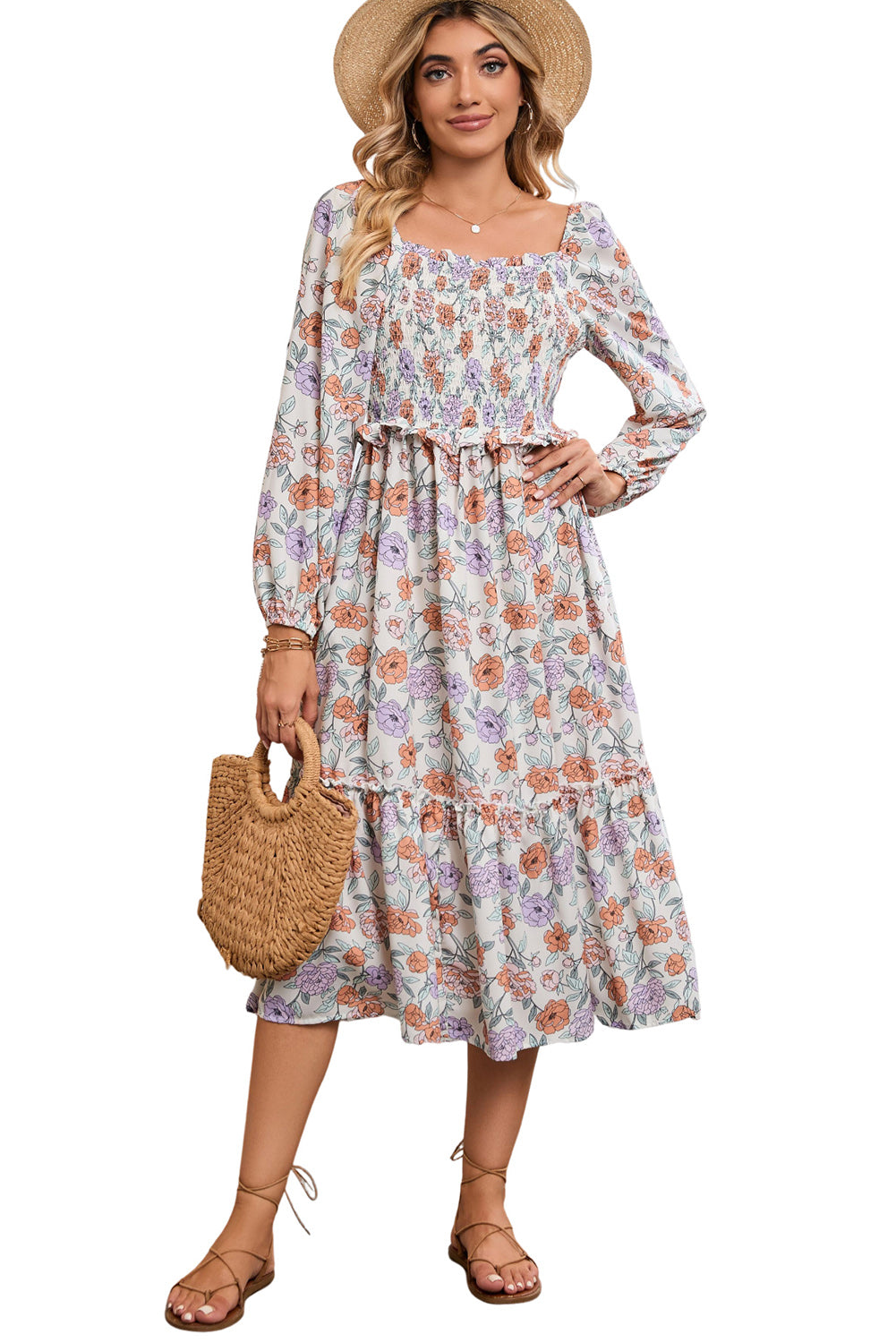 Multicolor Floral Print Smocked Pocketed Flared Midi DressMaterial:100%Polyester



		Get ready to turn heads in this gorgeous floral dress
	
	
		Featuring a square neckline and flowy tiered midi-length skirt silhouett