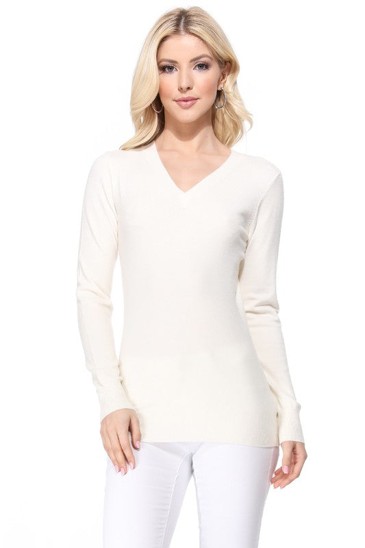 Women's Long Sleeve V-Neck Pulll Over Sweater Top- 25"-26.5" Length, V-Neck, Long Sleeve, Casual, Basic, and Classic Viscose Knitted Pullover Sweater- Lightweight Knit Pullover Sweater with High Quality Soft Viscos