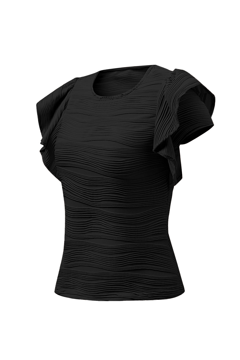 Black Plain Wavy Textured Ruffle Sleeve BlouseMaterial:90%Polyester+10%Elastane



		The wavy textured fabric adds an extra layer of sophistication, making this top a standout choice. 
	
	
		Embrace a playf