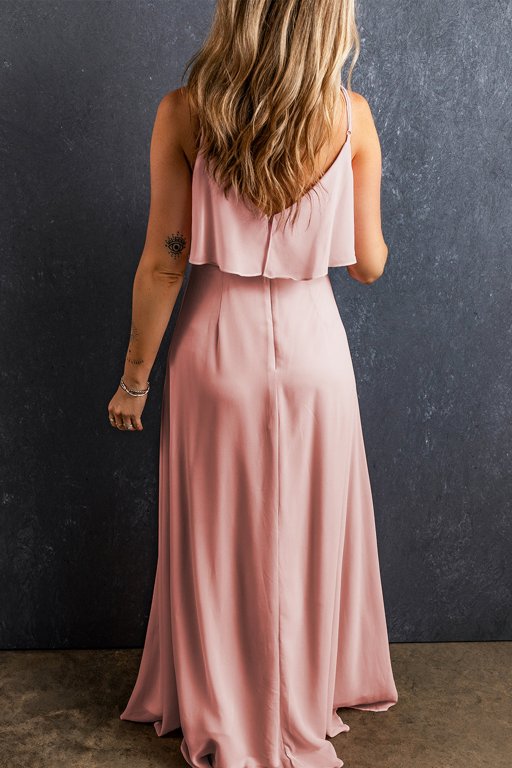 Light Pink Spaghetti Straps V Neck Ruffled Split Long DressMaterial:100%Polyester

• Effortlessly elegant, this dress features a charming ruffled design that cascades down the front.
• The flattering V-neckline and delicat