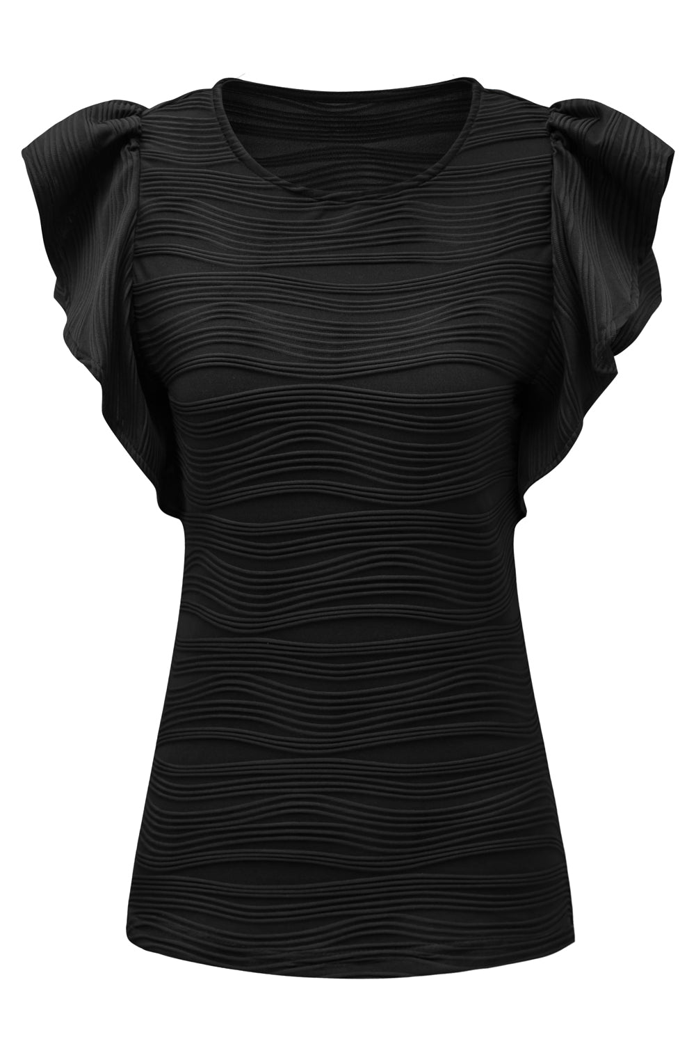 Black Plain Wavy Textured Ruffle Sleeve BlouseMaterial:90%Polyester+10%Elastane



		The wavy textured fabric adds an extra layer of sophistication, making this top a standout choice. 
	
	
		Embrace a playf