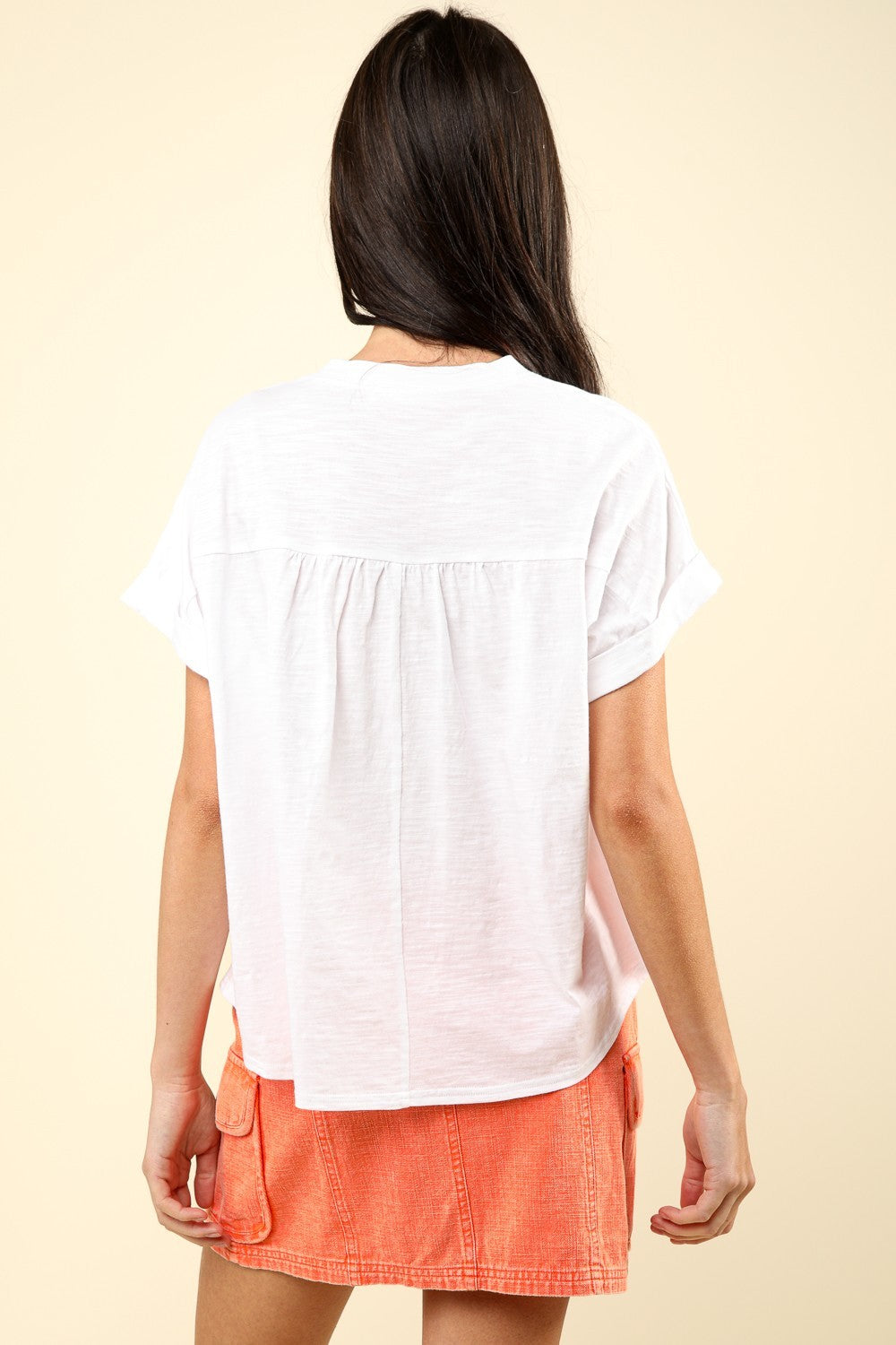 VERY J Nochted Short Sleeve Washed T-ShirtThe Notched Washed Knit Top features a stylish washed knit fabric for a laid-back yet trendy look. The short folded sleeves add a casual touch to the top, perfect fo