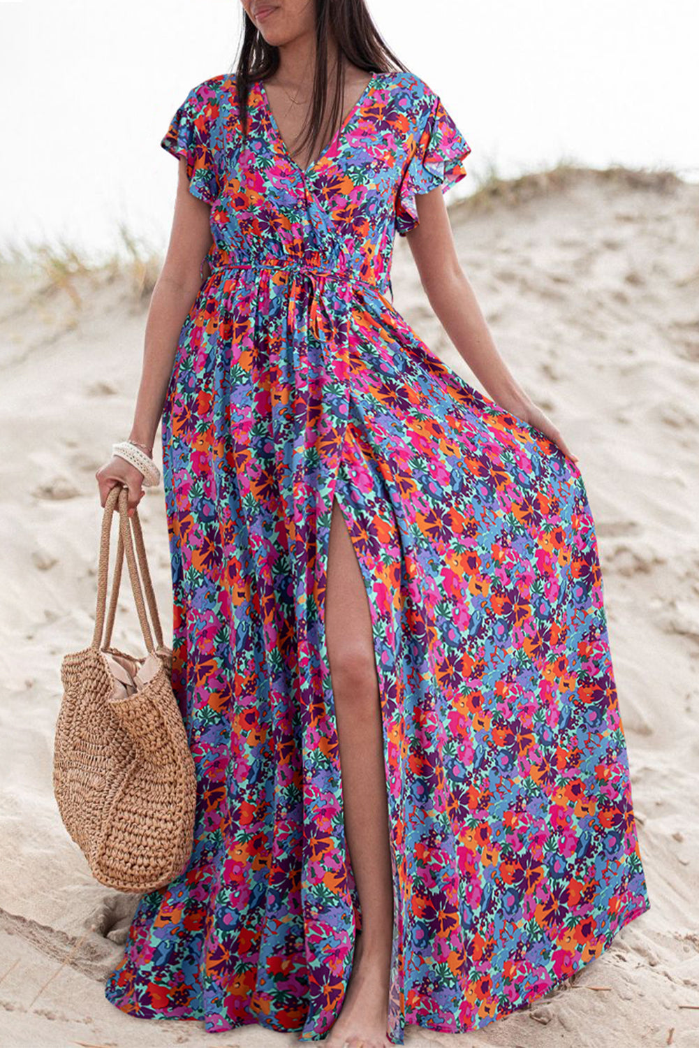 Blue Boho Floral Print V Neck Wrap Split Maxi DressMaterial:100%Viscose



		This high waist dress elongates the silhouette and creates a flattering hourglass shape
	
	
		The side slit adds a touch of allure and