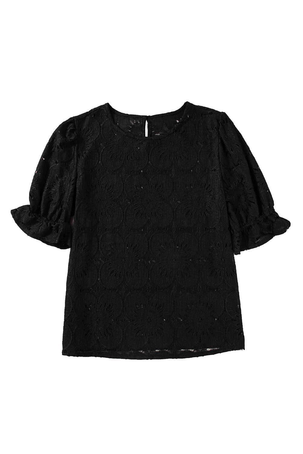 Black Flower Eyelet Jacquard Keyhole Back Puff Sleeve TopMaterial:70%Cotton+30%Polyamide

• Elevate your wardrobe with the top, featuring intricate eyelet detailing and elegant puff sleeves for a touch of sophistication. 