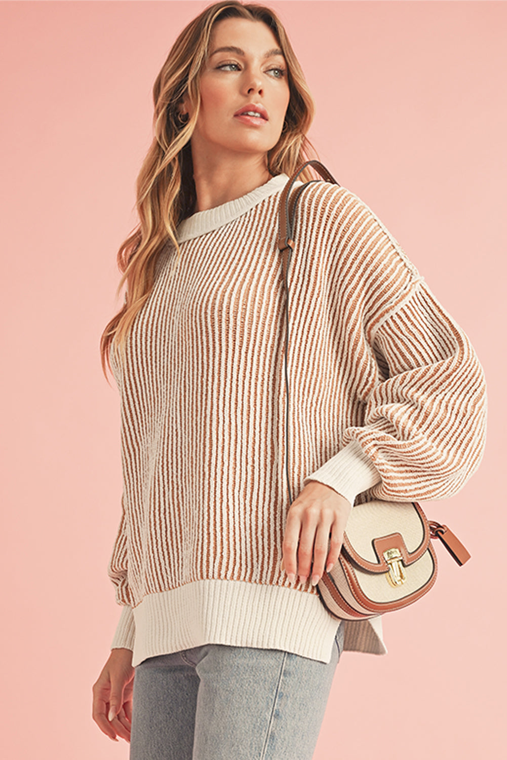 Bright Pink Striped Contrast Trim Loose Sweater