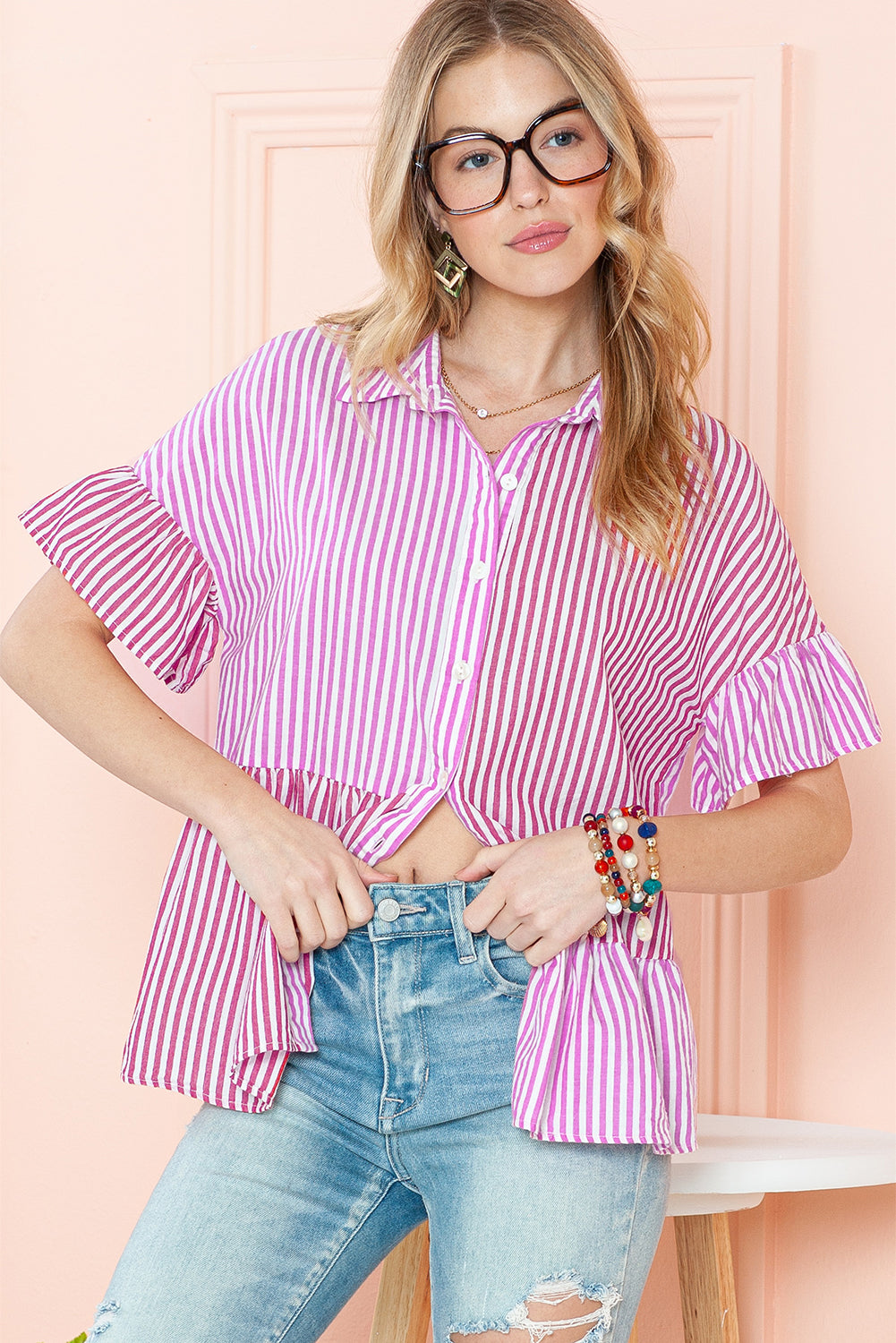 Pink Striped Patchwork Ruffle Button Up Blouse