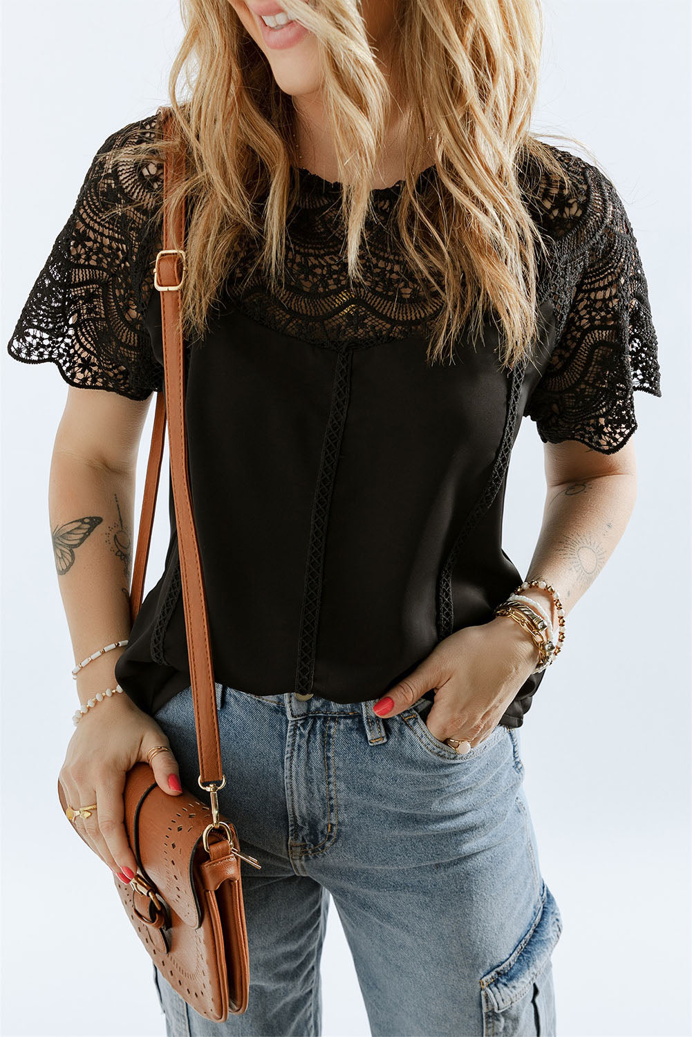 Black Lace Crochet Casual Short Sleeve Blouse